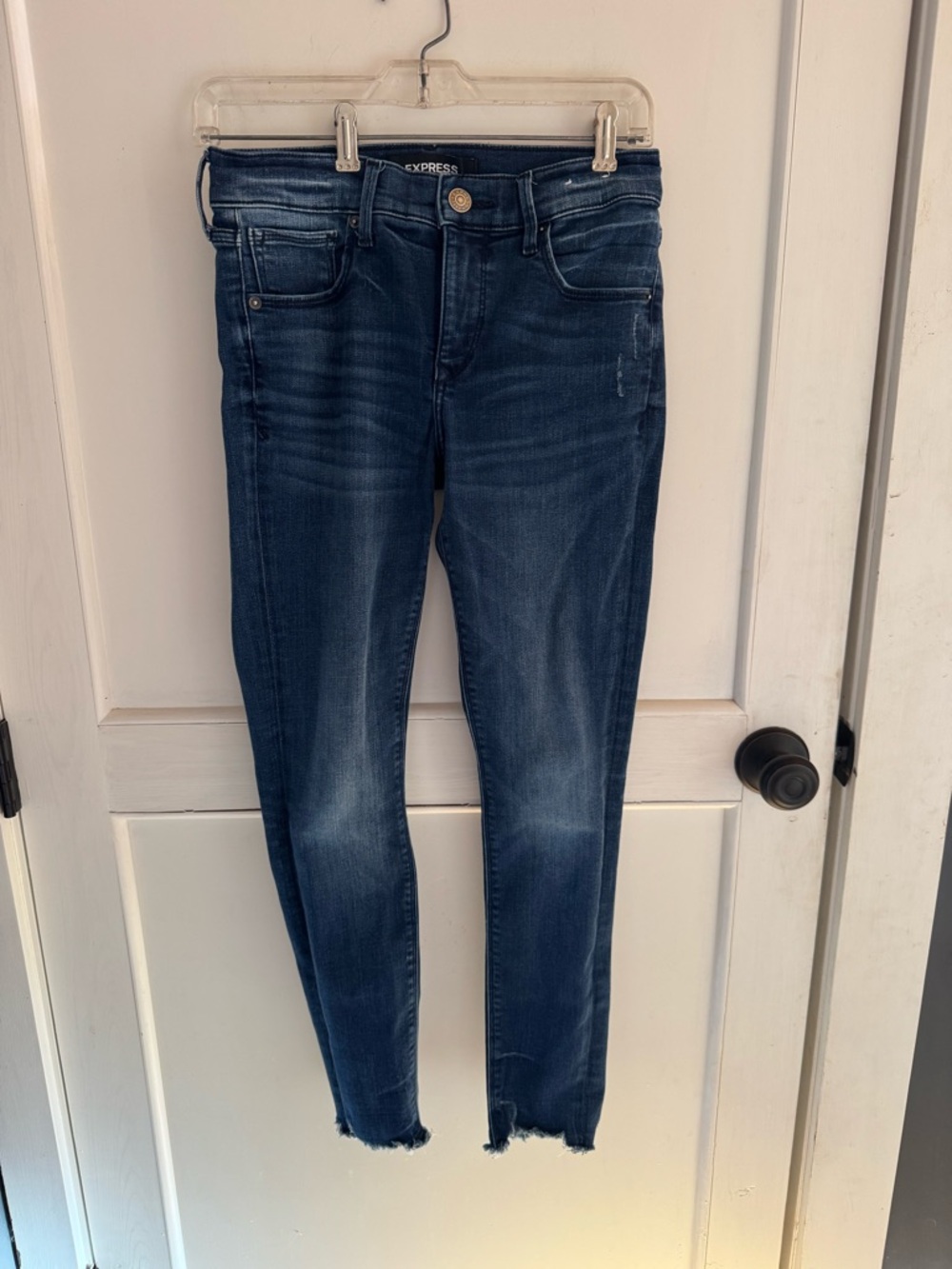 Express Women's Mid-Rise Dark Blue Skinny Ankle Stretch+ Jeans with Raw Hem